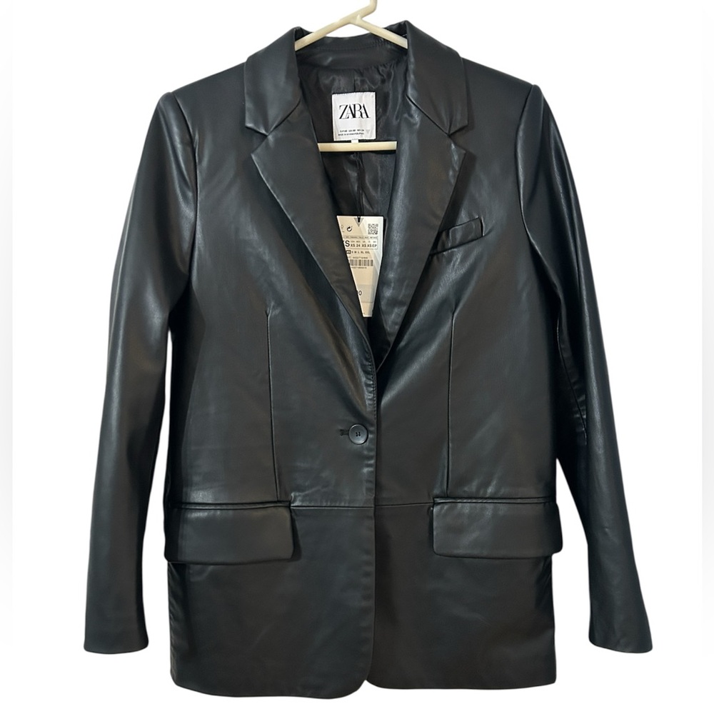 Zara NWT Faux Leather Jacket XS Black One Button Oversized Going Out